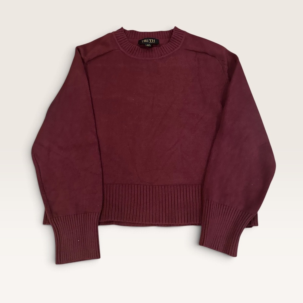Truth by Republic Burgundy Cropped Crewneck Sweater Ribbed Knit Viscose M Preppy